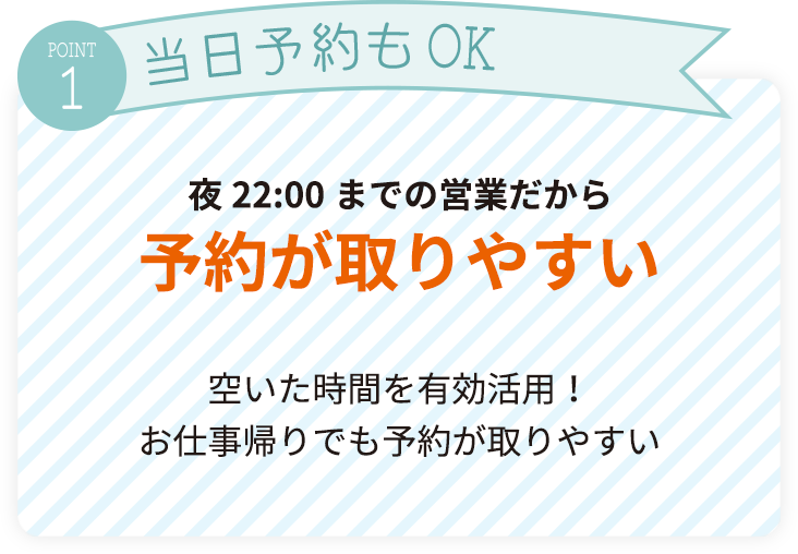 夜22:00までの営業だから予約が取りやすい。空いた時間を有効活用！お仕事帰りでも予約が取りやすい 